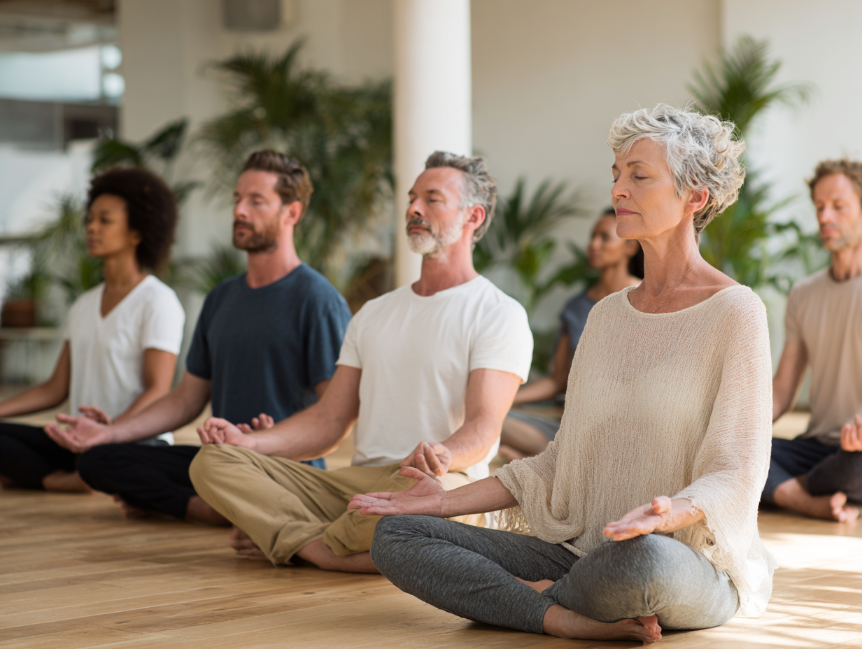 Група людей різного віку практикує йогу в природному середовищі